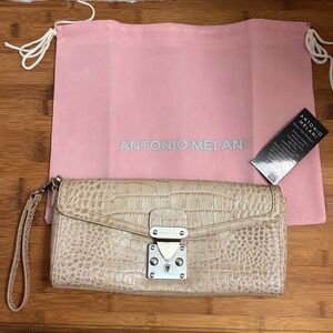 Antonio Melani Beige Croc Embossed Leather Wristlet Clutch Bag with Dust Bag